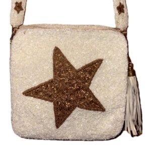 Moyna Metallic Star Elegant Cream and Gold Star Beaded Women's Shoulder Bag